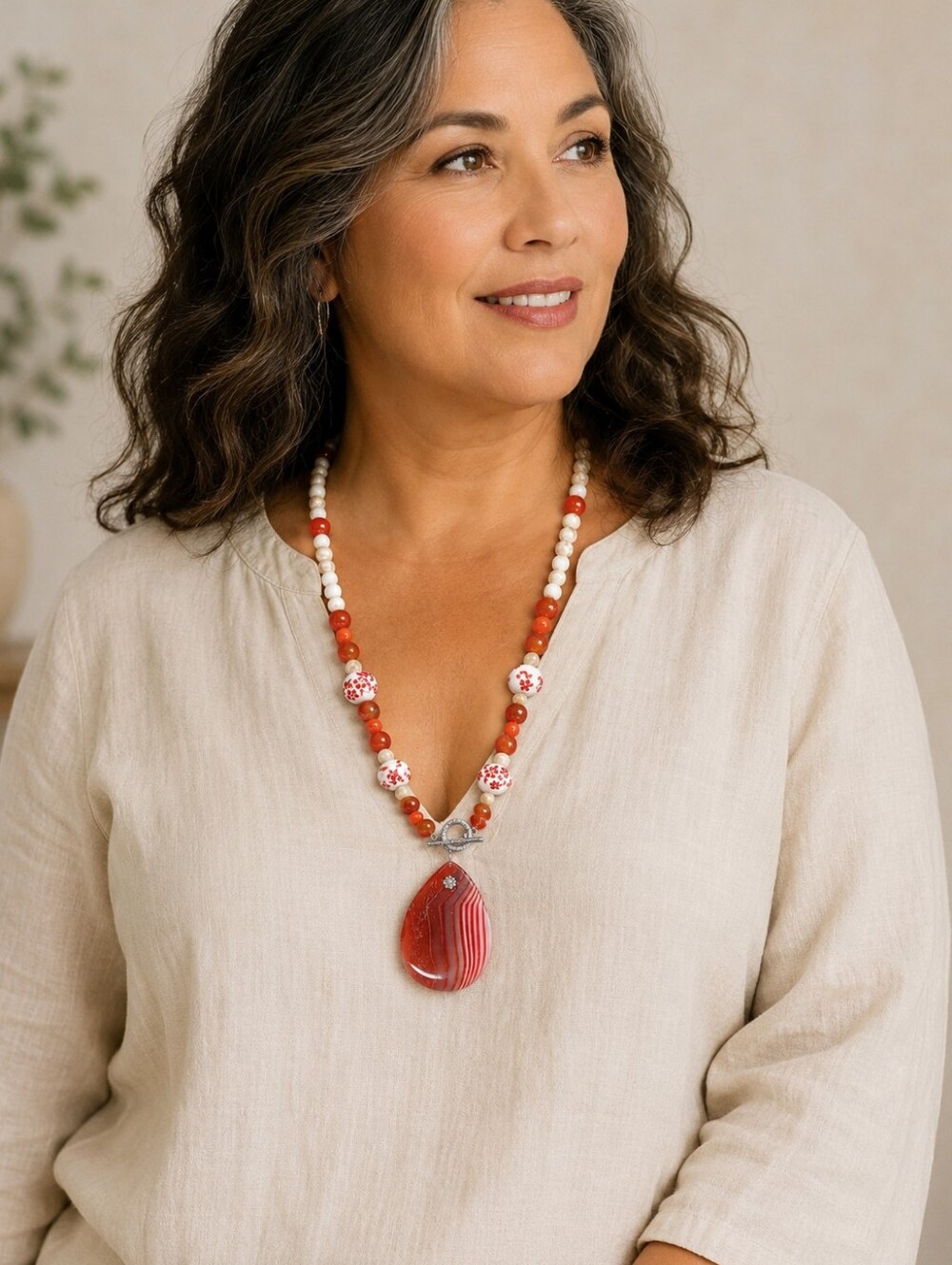 Artisan Red and White Agate Bead Necklace with Floral Accent Beads